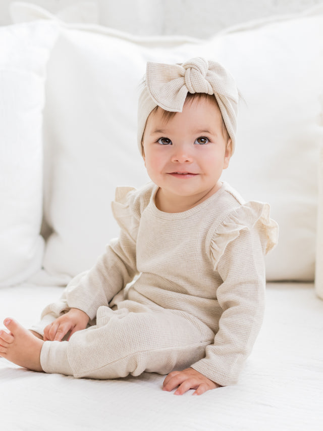 Mila Waffle Knit Flutter Sleeve Romper Baby : One Pieces : Rompers : Long Sleeves Kendi Organic Cotton Baby Mila Waffle Knit Long Sleeve Romper