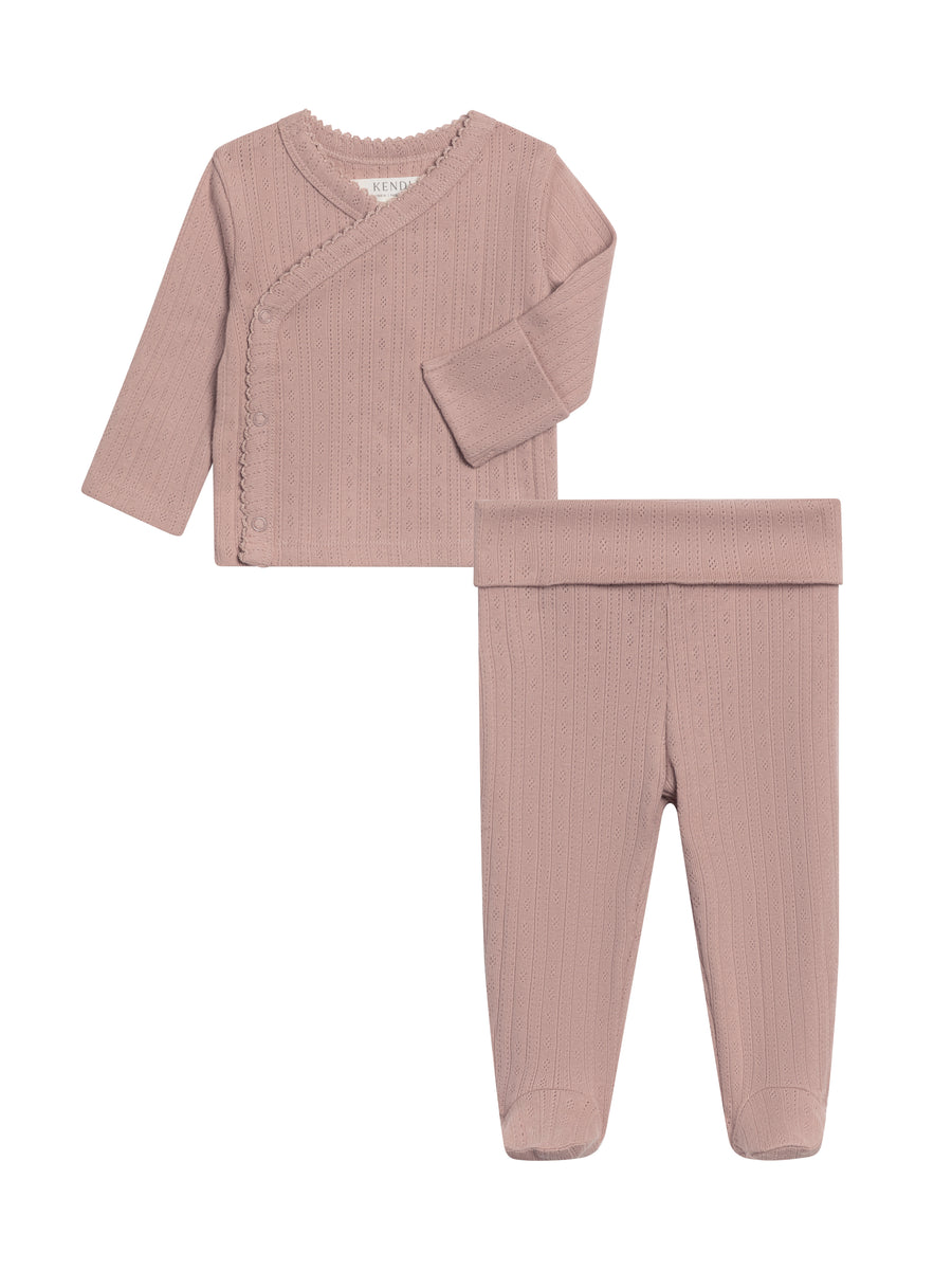 2-Piece Lacey Brushed Back Pointelle Kimono Top and Pant Set Baby : Virtual Set : Bottoms : Pants : One Pieces : Kimono Bodysuits : Long Sleeves Kendi Organic Cotton Baby 2-Piece Lacey Pointelle Kimono Top and Pant Set