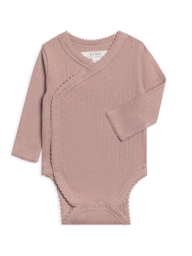 Hilda Brushed Back Pointelle Long Sleeve Kimono Bodysuit Baby : One Pieces : Kimono Bodysuits : Long Sleeves Kendi Organic Cotton Baby Hilda Pointelle Long Sleeve Kimono Bodytsuit