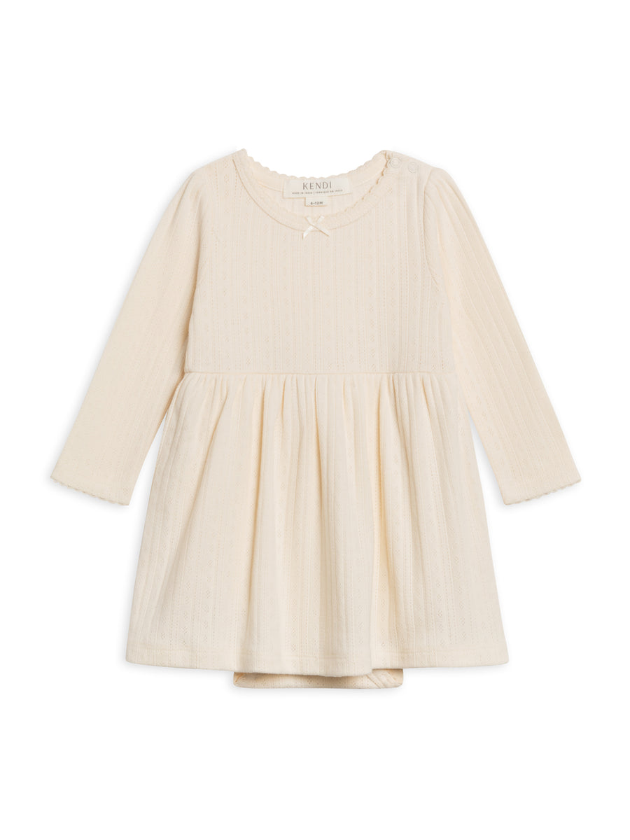 Willa Brushed Back Pointelle Long Sleeve Bodysuit Dress Baby : Tops : Dresses : Long Sleeves Kendi Organic Cotton Baby Willa Pointelle Long Sleeve Bodysuit Dress