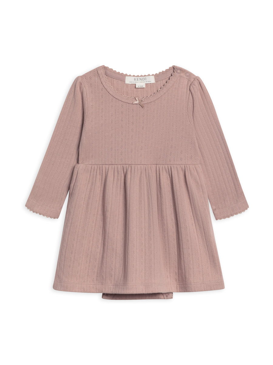 Willa Brushed Back Pointelle Long Sleeve Bodysuit Dress Baby : Tops : Dresses : Long Sleeves Kendi Organic Cotton Baby Willa Pointelle Long Sleeve Bodysuit Dress