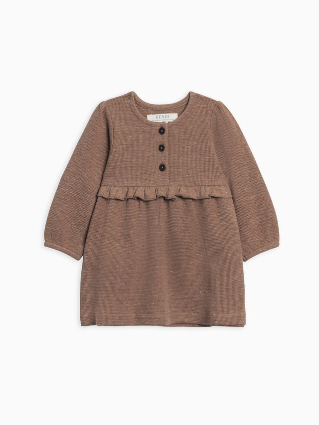 Nina Waffle Knit Ruffle Waist Dress Baby-Kids : Tops : Dresses : Long Sleeves Kendi Organic Cotton Baby and Kids Nina Waffle Knit Dress