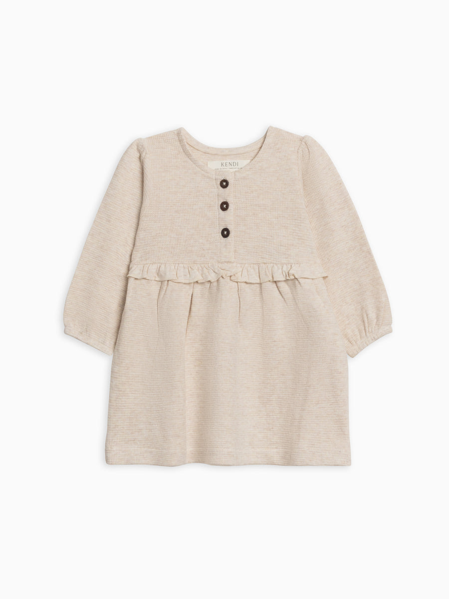 Nina Waffle Knit Ruffle Waist Dress Baby-Kids : Tops : Dresses : Long Sleeves Kendi Organic Cotton Baby and Kids Nina Waffle Knit Dress