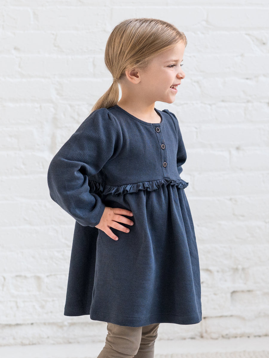 Nina Waffle Knit Ruffle Waist Dress Baby-Kids : Tops : Dresses : Long Sleeves Kendi Organic Cotton Baby and Kids Nina Waffle Knit Dress