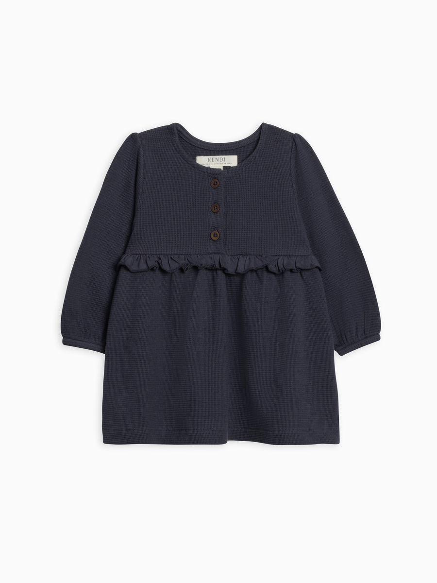 Nina Waffle Knit Ruffle Waist Dress Baby-Kids : Tops : Dresses : Long Sleeves Kendi Organic Cotton Baby and Kids Nina Waffle Knit Dress