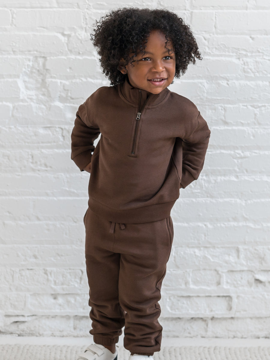 Mack Fleece Dropped Shoulder Half Zip Pullover Sweatshirt Baby-Kids : Tops : Pullovers : Long Sleeves Kendi Organic Cotton Baby and Kids Mack Fleece Dropped Shoulder Half Zip Pullover Sweatshirt