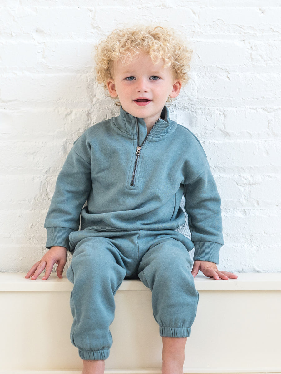 Mack Fleece Dropped Shoulder Half Zip Pullover Sweatshirt Baby-Kids : Tops : Pullovers : Long Sleeves Kendi Organic Cotton Baby and Kids Mack Fleece Dropped Shoulder Half Zip Pullover Sweatshirt