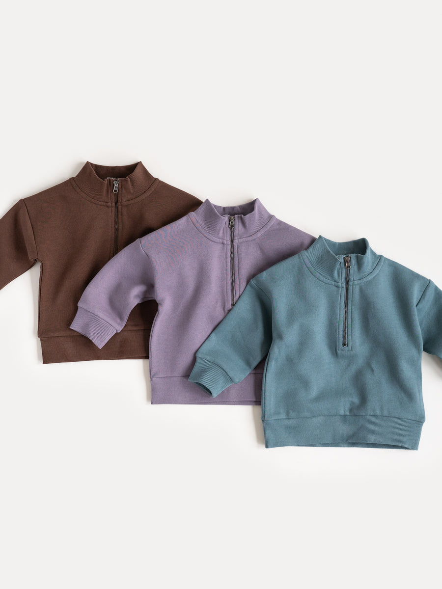 Mack Fleece Dropped Shoulder Half Zip Pullover Sweatshirt Baby-Kids : Tops : Pullovers : Long Sleeves Kendi Organic Cotton Baby and Kids Mack Fleece Dropped Shoulder Half Zip Pullover Sweatshirt