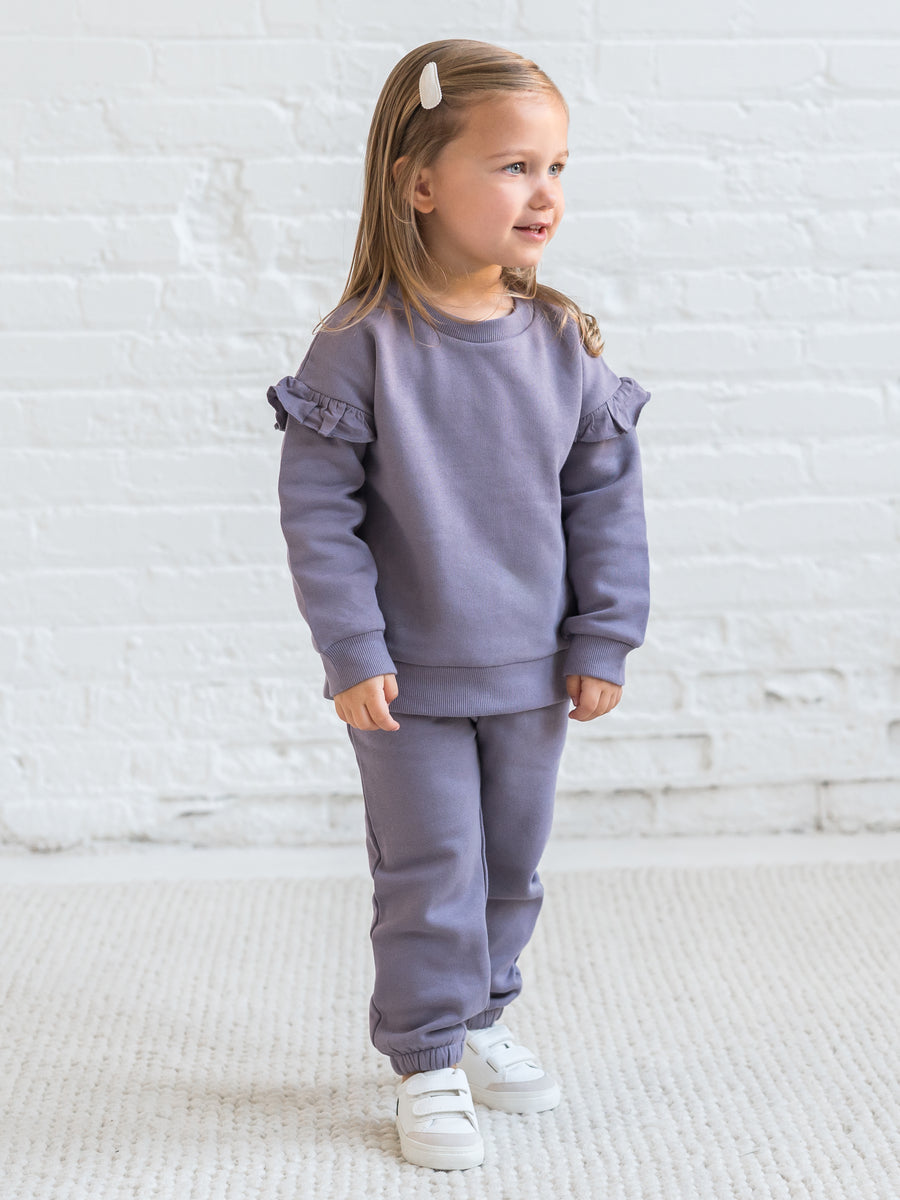 Abbey Fleece Ruffle Sleeve Pullover Sweatshirt Baby : Tops : Pullovers : Long Sleeves Kendi Organic Cotton Baby and Kids Abbey Fleece Ruffle Sleeve Pullover