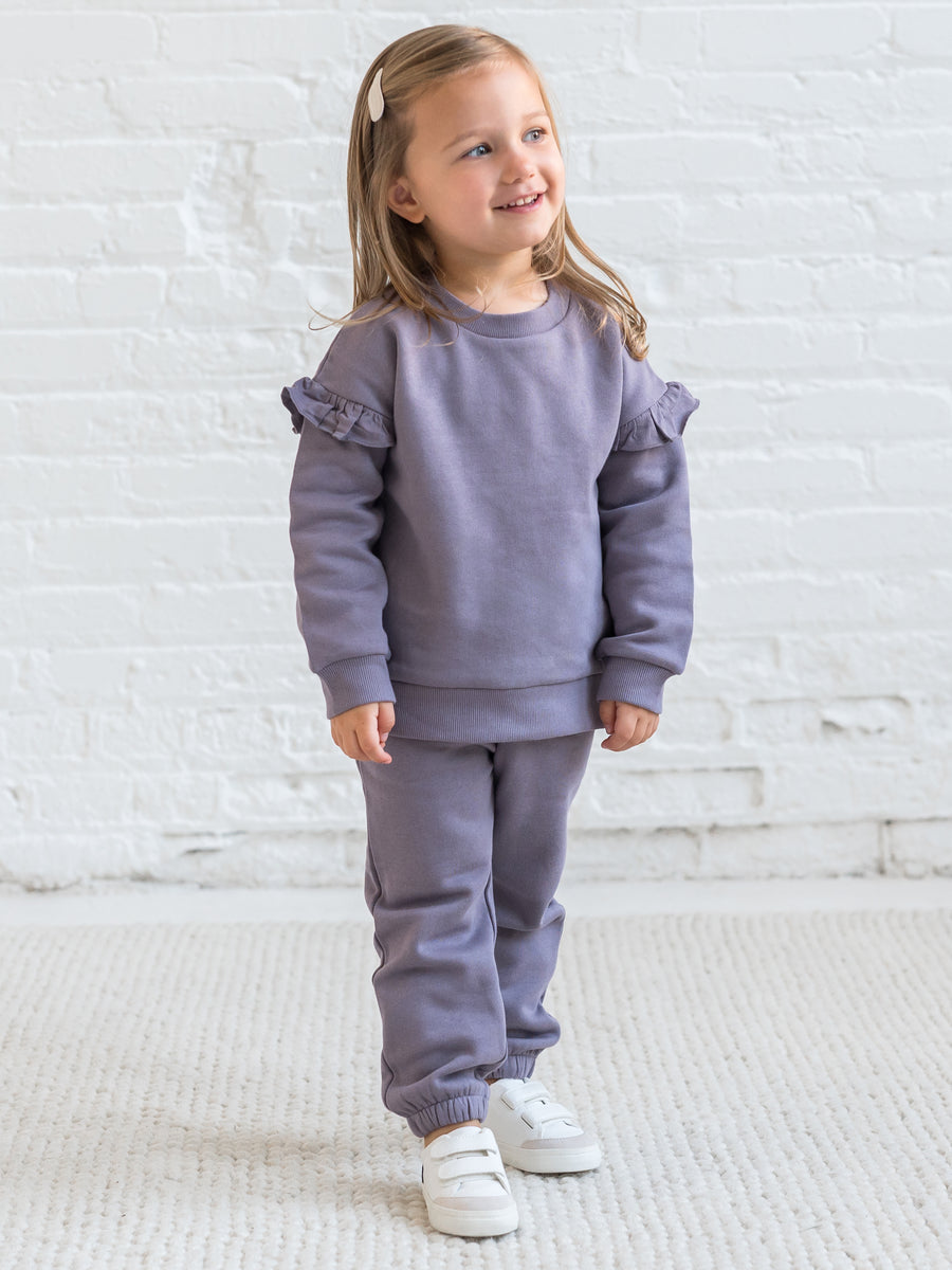 Abbey Fleece Ruffle Sleeve Pullover Sweatshirt Baby : Tops : Pullovers : Long Sleeves Kendi Organic Cotton Baby and Kids Abbey Fleece Ruffle Sleeve Pullover