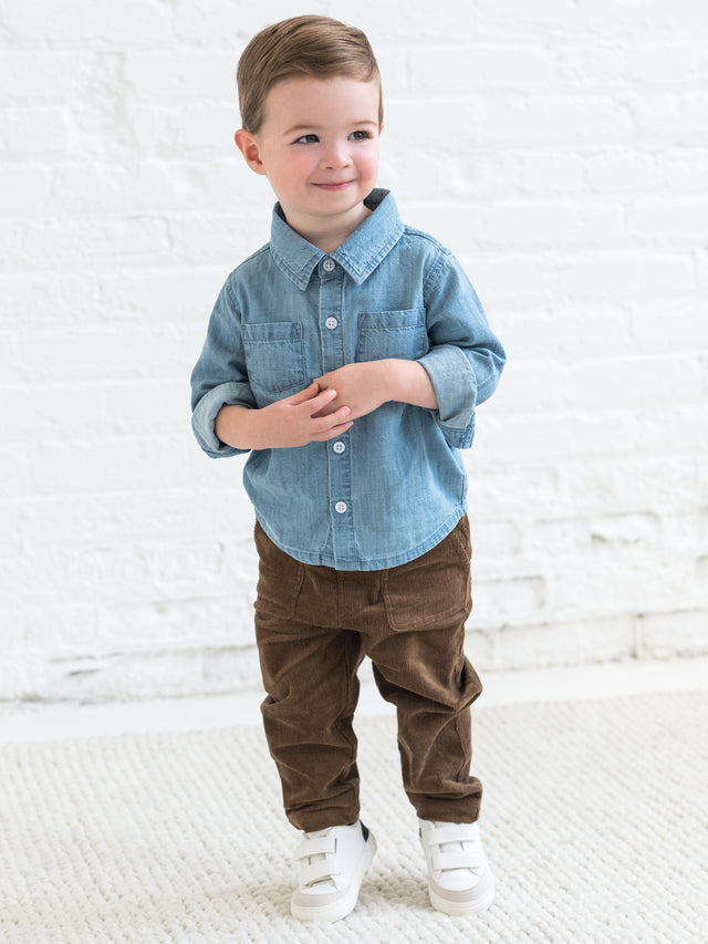 Hayes Chambray Long Sleeve Collared Shirt Baby-Kids : Tops : Shirts : Long Sleeves Kendi Organic Cotton Baby and Kids Hayes Chambray Long Sleeve Collared Shirt