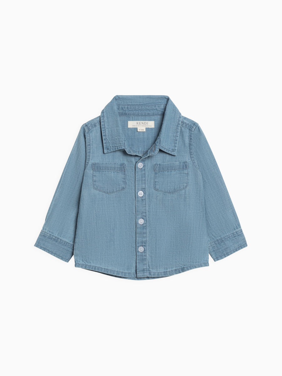 Hayes Chambray Long Sleeve Collared Shirt Baby-Kids : Tops : Shirts : Long Sleeves Kendi Organic Cotton Baby and Kids Hayes Chambray Long Sleeve Collared Shirt