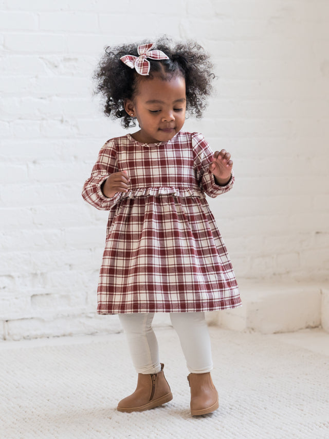 Sydney Flannel Long Sleeve Ruffle Dress Baby-Kids : Tops : Dresses : Long Sleeves Kendi Organic Cotton Baby and Kids Sydney Flannel Long Sleeve Ruffle Dress