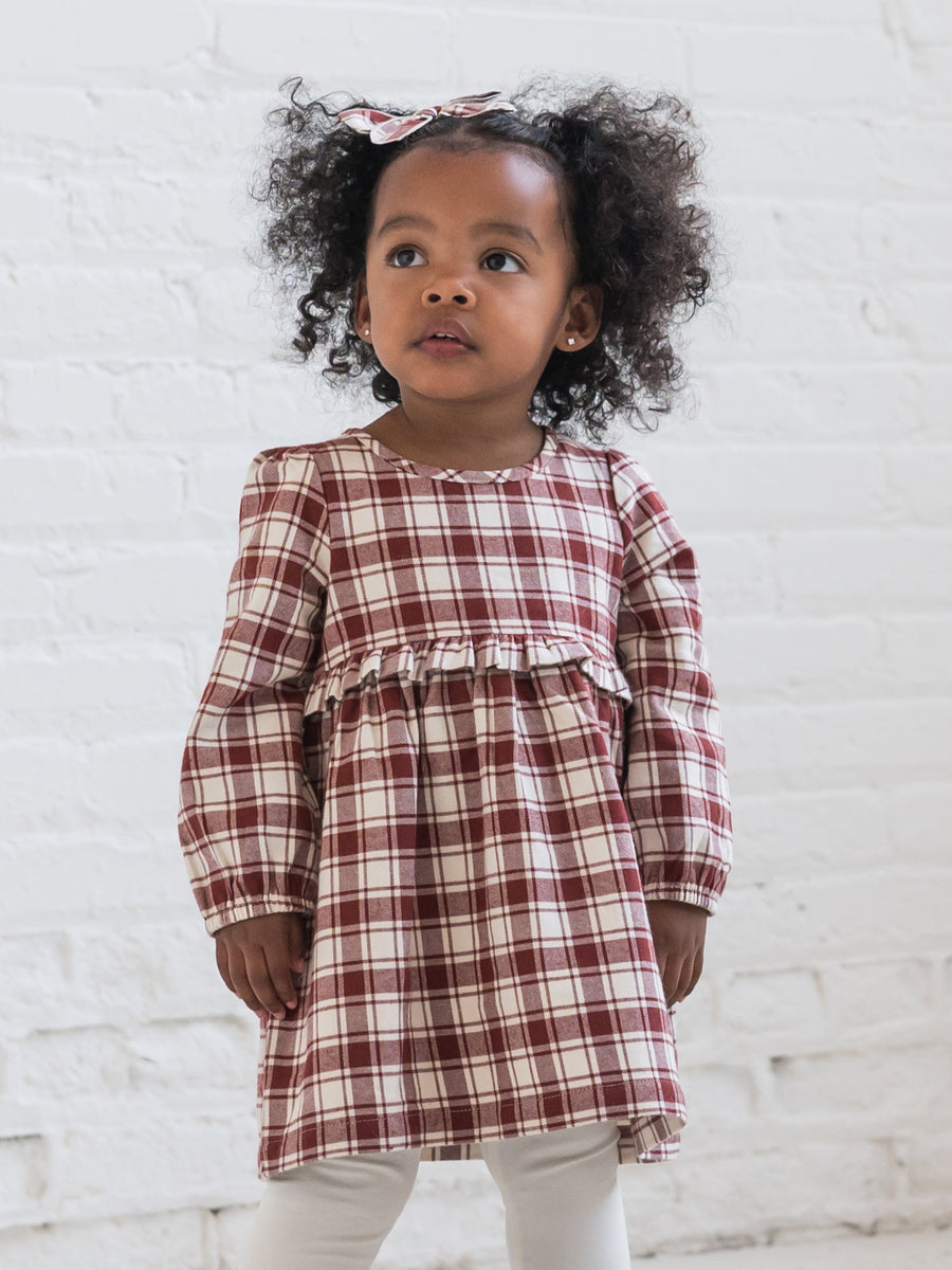 Sydney Flannel Long Sleeve Ruffle Dress Baby-Kids : Tops : Dresses : Long Sleeves Kendi Organic Cotton Baby and Kids Sydney Flannel Long Sleeve Ruffle Dress