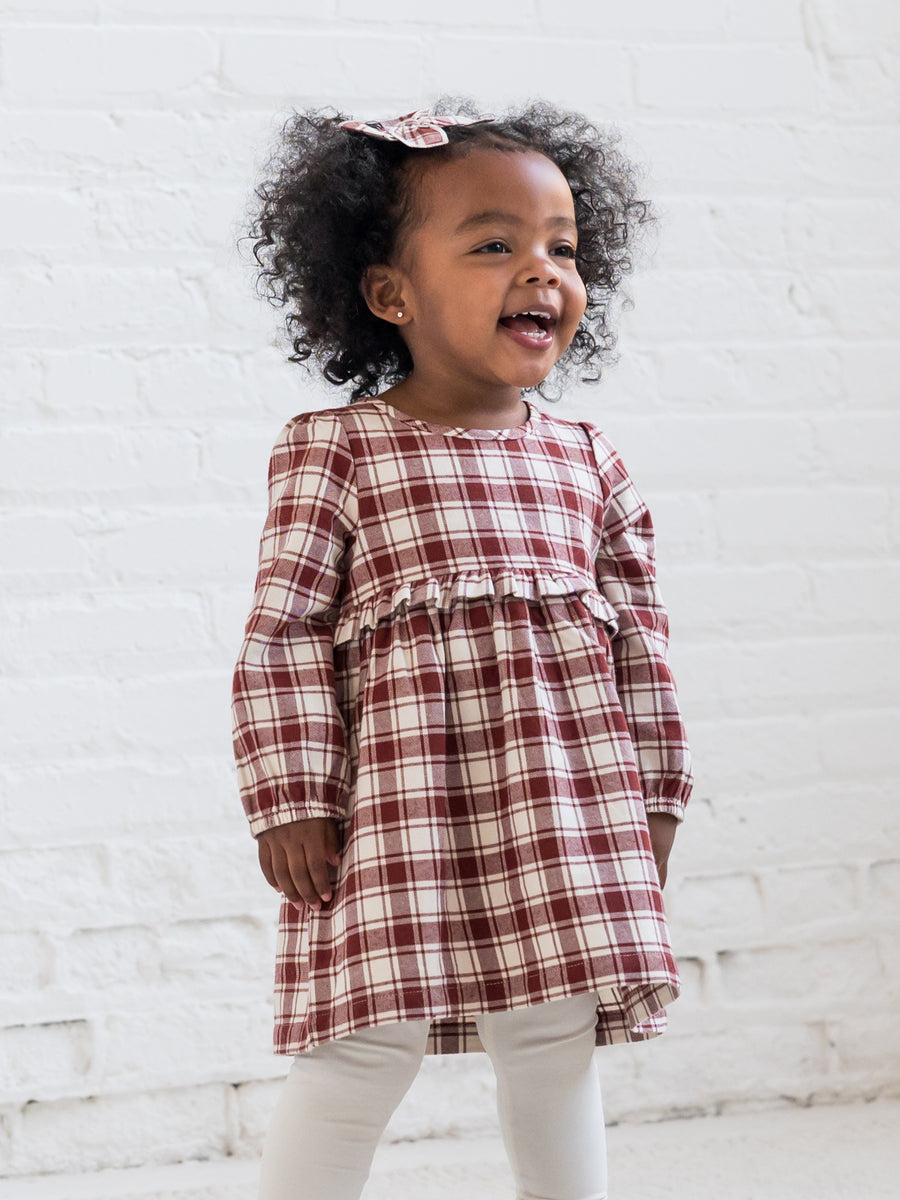 Sydney Flannel Long Sleeve Ruffle Dress Baby-Kids : Tops : Dresses : Long Sleeves Kendi Organic Cotton Baby and Kids Sydney Flannel Long Sleeve Ruffle Dress