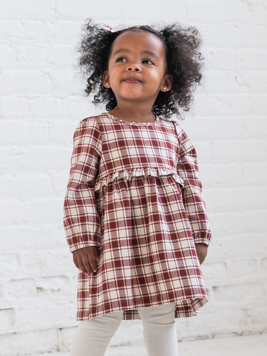 Sydney Flannel Long Sleeve Ruffle Dress Baby-Kids : Tops : Dresses : Long Sleeves Kendi Organic Cotton Baby and Kids Sydney Flannel Long Sleeve Ruffle Dress