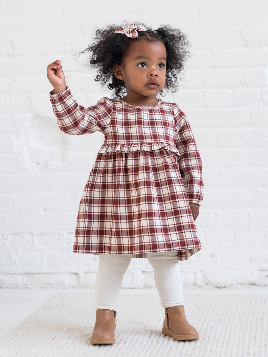 Sydney Flannel Long Sleeve Ruffle Dress Baby-Kids : Tops : Dresses : Long Sleeves Kendi Organic Cotton Baby and Kids Sydney Flannel Long Sleeve Ruffle Dress