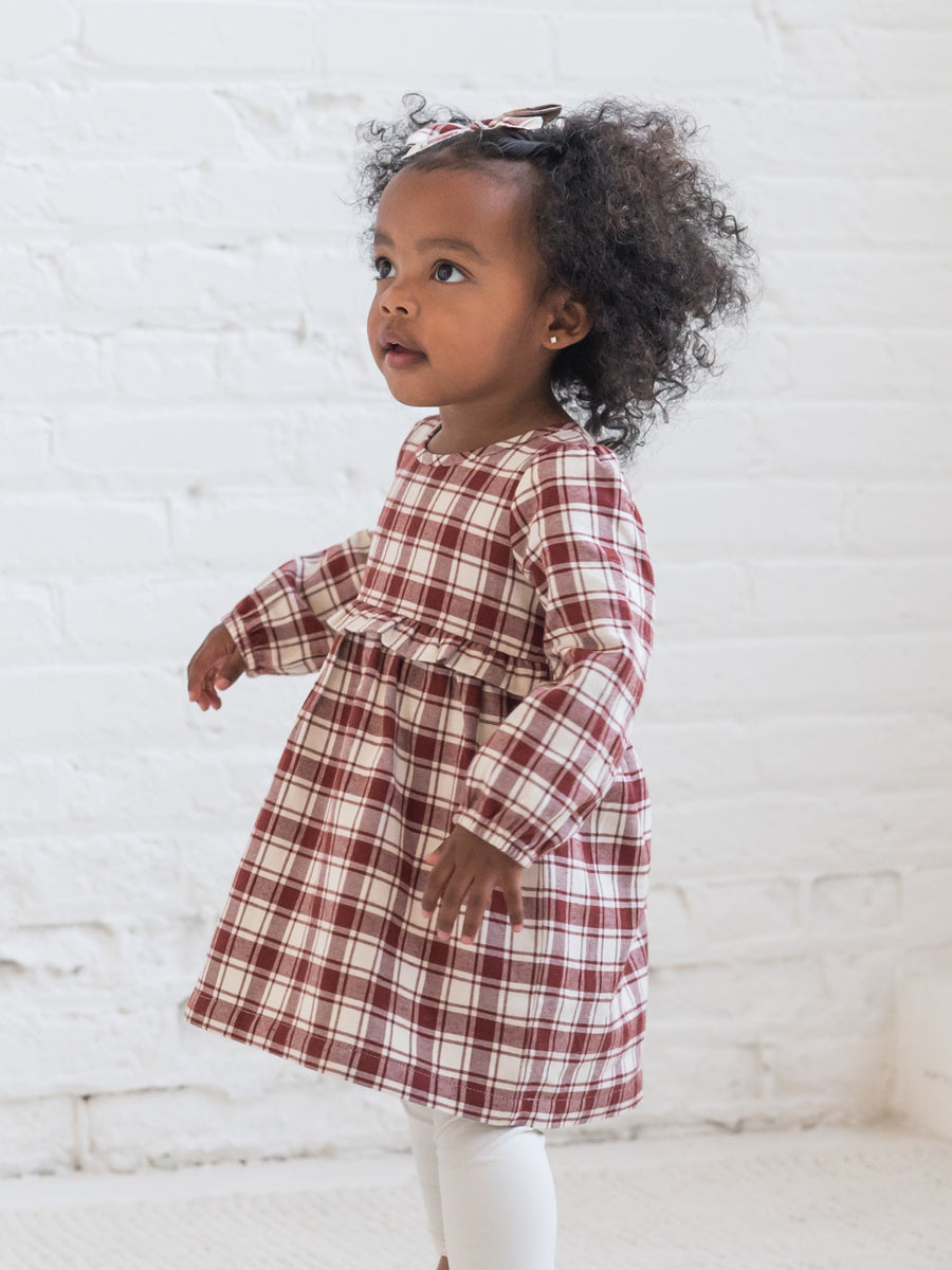 Sydney Flannel Long Sleeve Ruffle Dress Baby-Kids : Tops : Dresses : Long Sleeves Kendi Organic Cotton Baby and Kids Sydney Flannel Long Sleeve Ruffle Dress