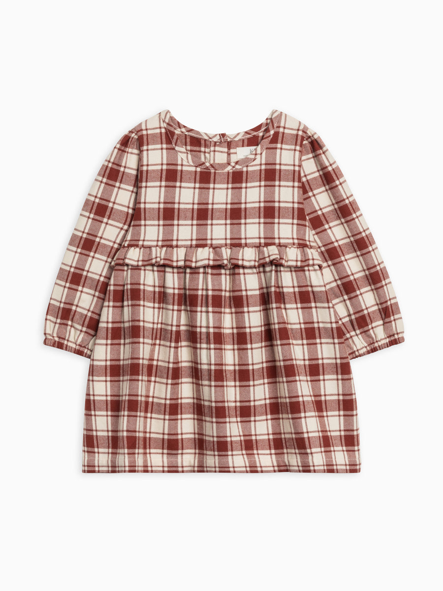 Sydney Flannel Long Sleeve Ruffle Dress Baby-Kids : Tops : Dresses : Long Sleeves Kendi Organic Cotton Baby and Kids Sydney Flannel Long Sleeve Ruffle Dress