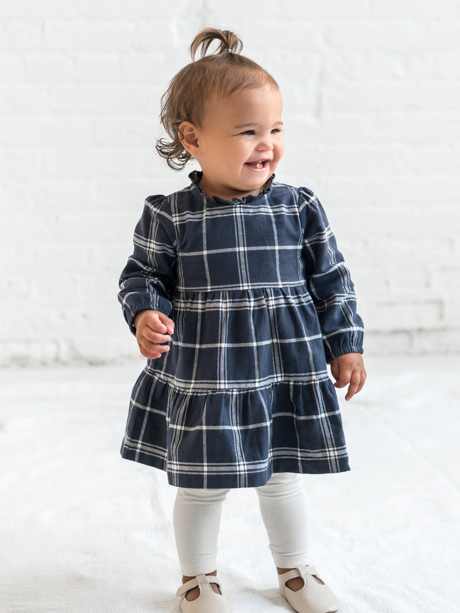 Neela Flannel Ruffle Neckline Long Sleeve Dress Baby-Kids : Tops : Dresses : Long Sleeves Kendi Organic Cotton Baby and Kids Neela Flannel Ruffle Neckline Long Sleeve Dress