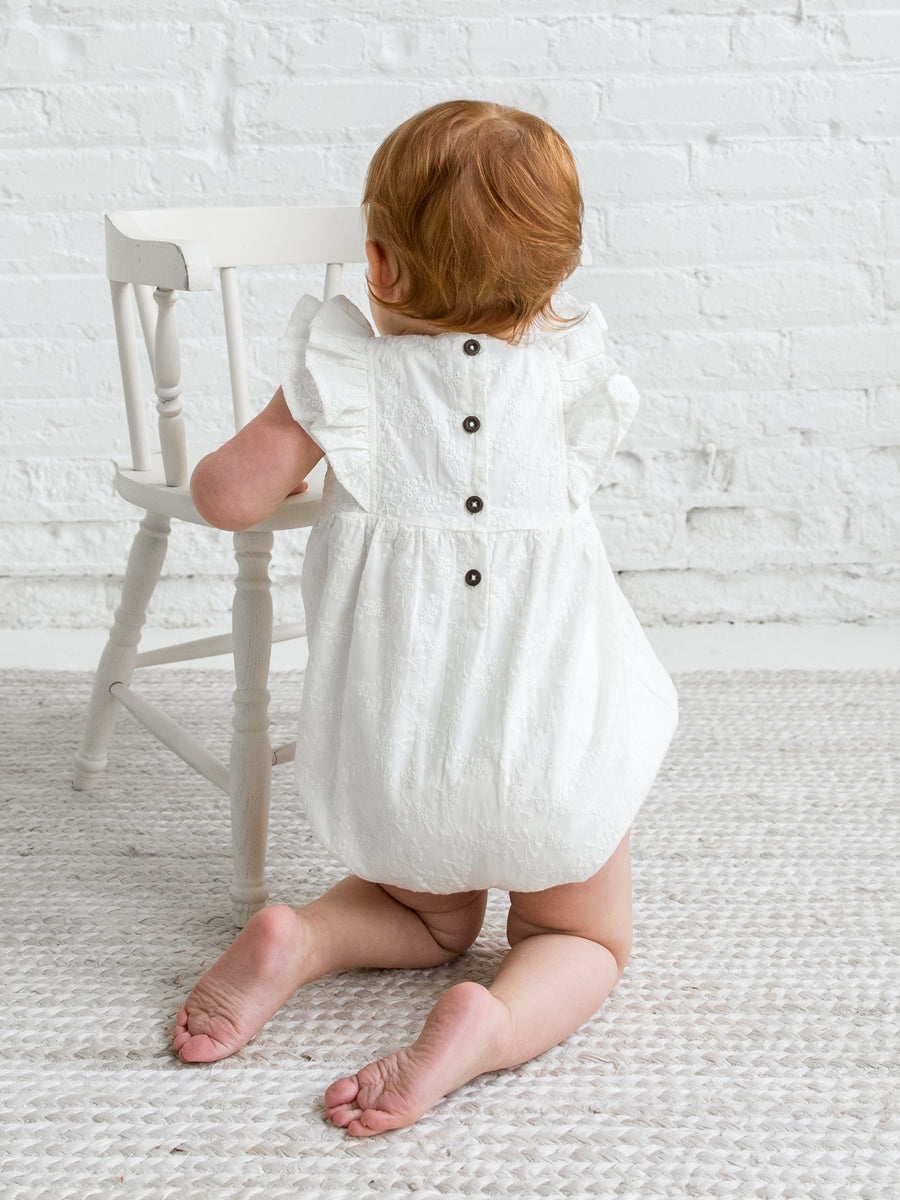 Elowyn Eyelet Bubble Romper Baby : Romper : Short Sleeve Kendi Organic Cotton Baby Elowyn Eyelet Bubble Romper