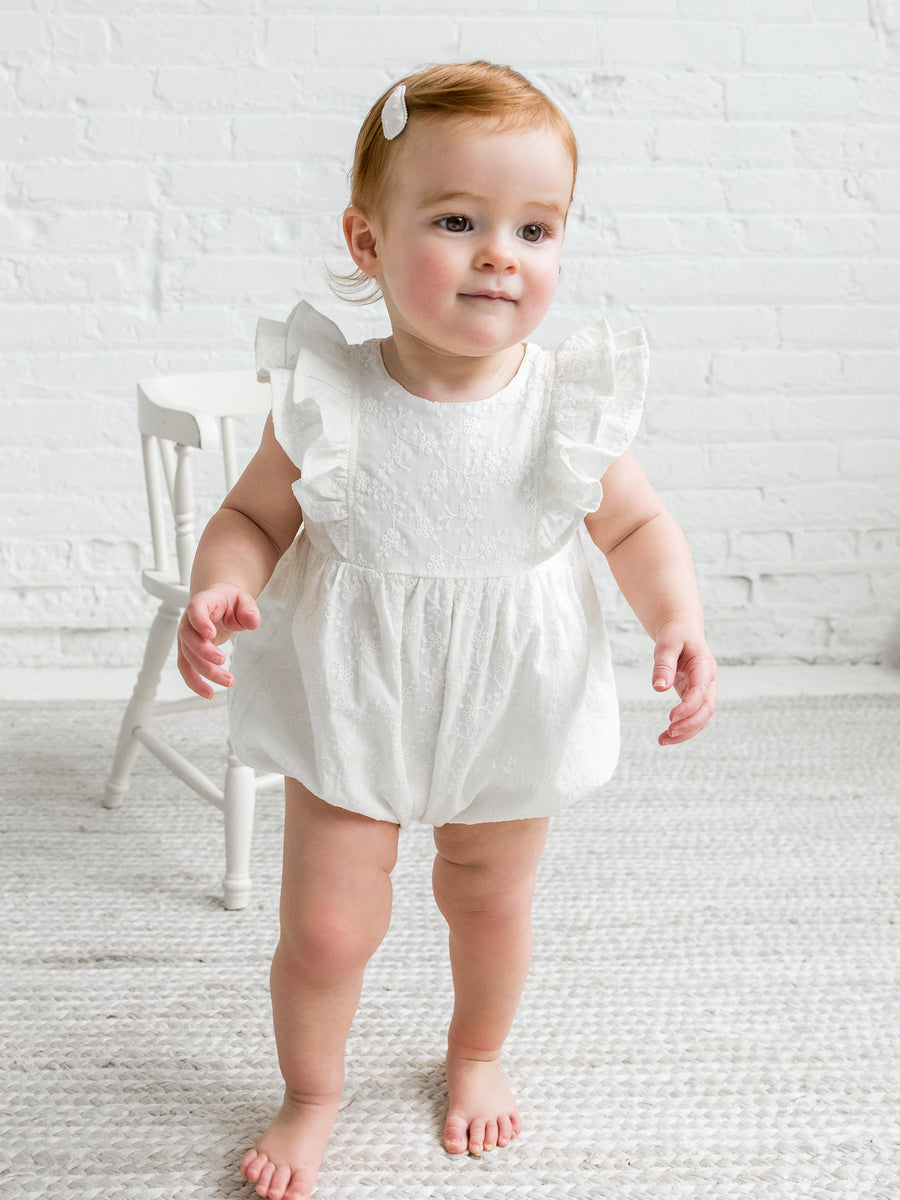 Elowyn Eyelet Bubble Romper Baby : Romper : Short Sleeve Kendi Organic Cotton Baby Elowyn Eyelet Bubble Romper