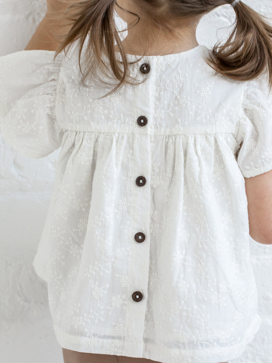 Maeve Eyelet Ruffle Sleeve Top Baby-Kids : Tops : Short Sleeve Kendi Organic Cotton Baby and Kids Maeve Eyelet Ruffle Sleeve Top