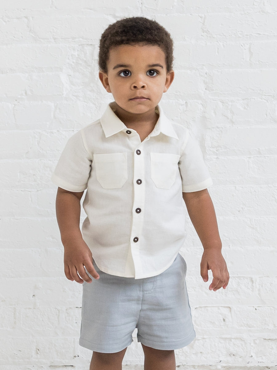 Graham Linen Collared Button Down Shirt Baby-Kids : Tops : Short Sleeve Kendi Organic Cotton Baby and Kids Graham Linen Collared Button Down Shirt