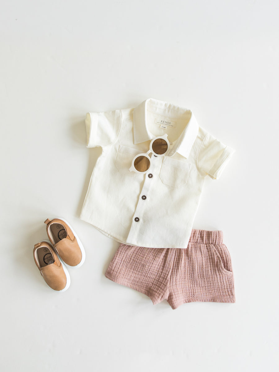 Graham Linen Collared Button Down Shirt Baby-Kids : Tops : Short Sleeve Kendi Organic Cotton Baby and Kids Graham Linen Collared Button Down Shirt