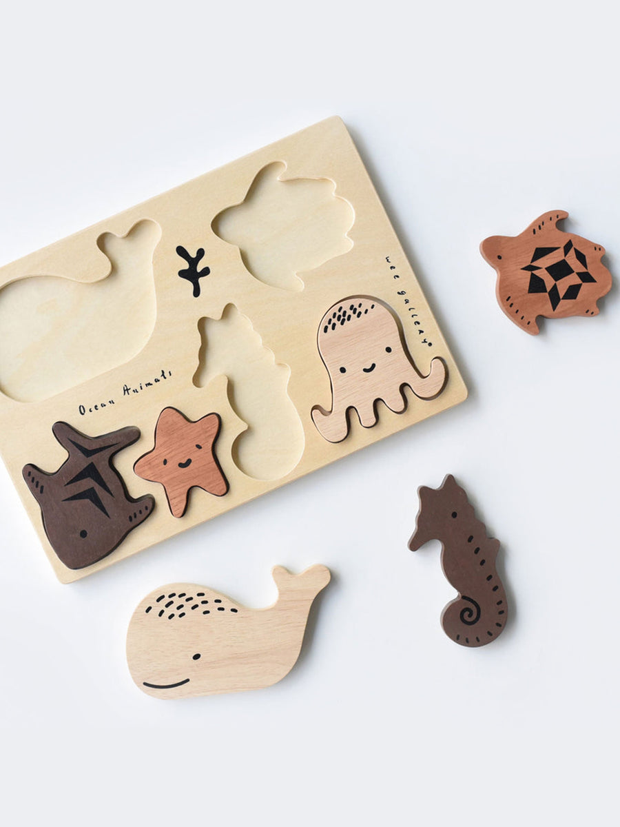 Ocean Animals Wooden Tray Puzzle Baby-Kids : Toys : Wooden Wee Gallery Ocean Animals Wooden Tray Puzzle